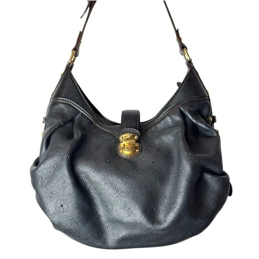 Louis Vuitton Purse Noir Black Leather‎ Monogram Mahina Shoulder Bag Luxury Hobo